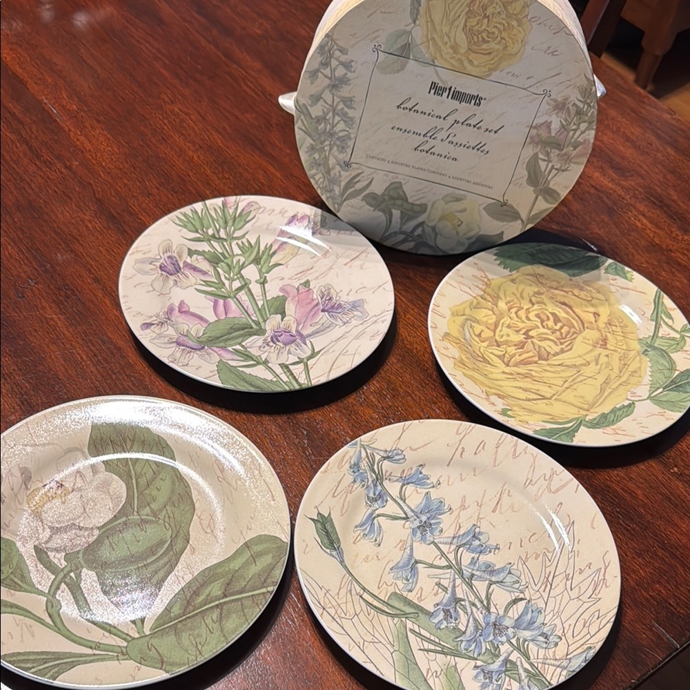 NIB Pier 1 Botanical Stoneware Salad Plate Set - 4 Assorted Floral designs